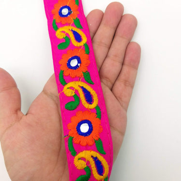 Fuchsia Pink Floral Mirrored Trim With Orange Flowers And Yellow Paisley Embroidery, Decorative Trimming, Trim By 3 Yards